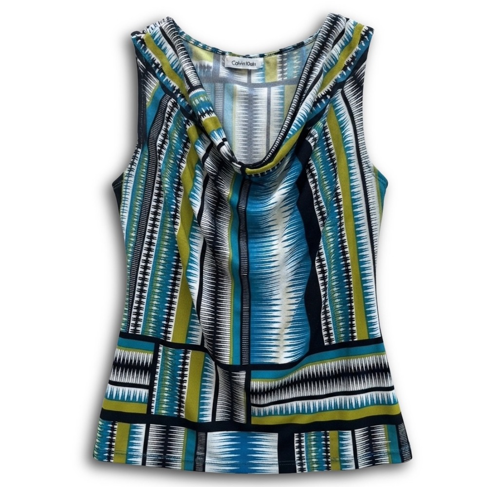 Calvin Klein Womens XS Cowl Neck Sleeveless Blouse Geometric Tribal Print Teal